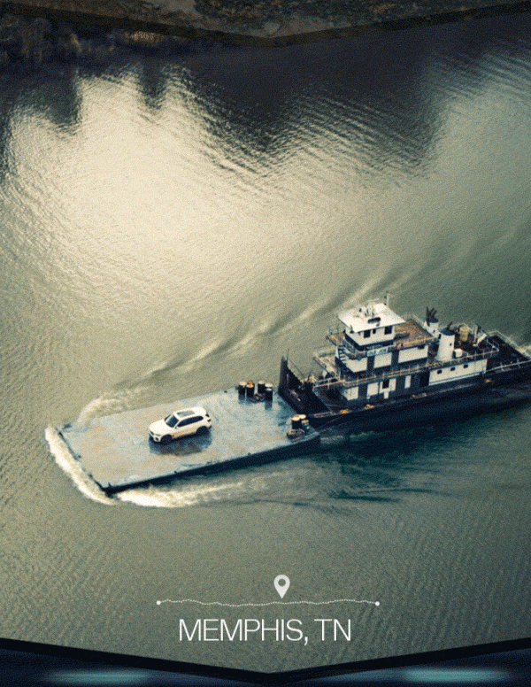 White BMW SUV on top of a barge ship with waves rippling as it sails by, and "Memphis, TN" at the bottom.