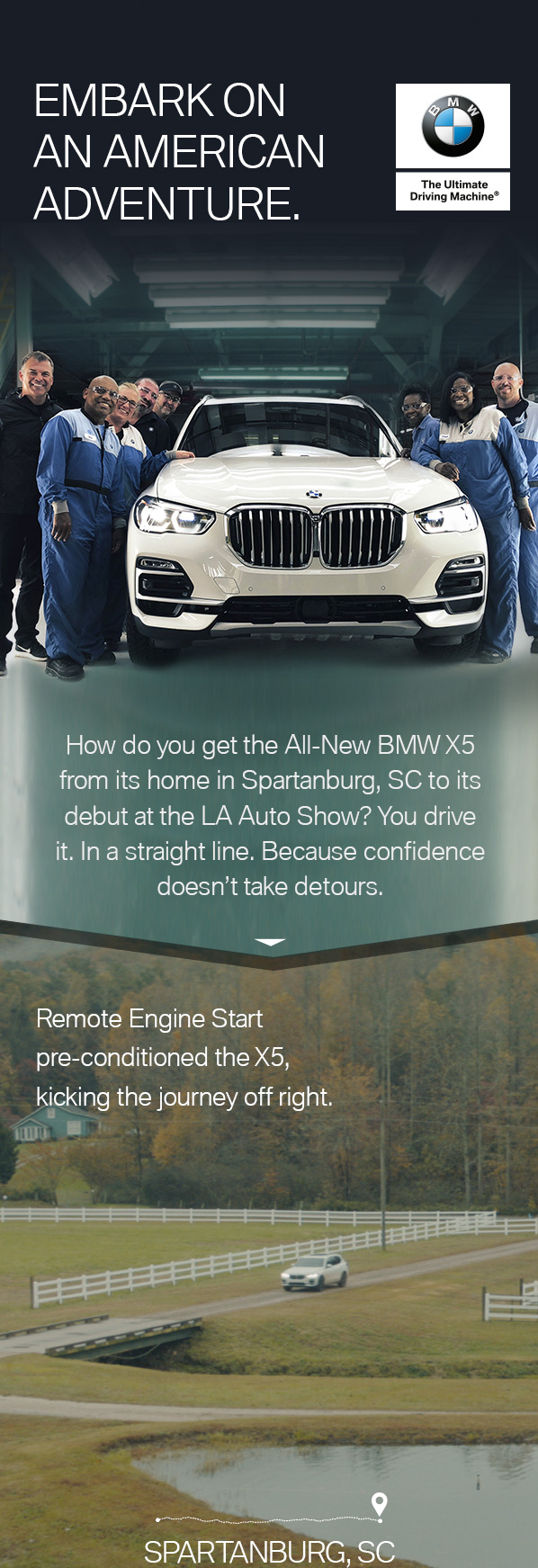 BMW workers around a white BMW SUV with the tagline, ""Embark on an American adventure" showcasing the SUV's journey from Spartanburg, SC, to the LA Auto Show