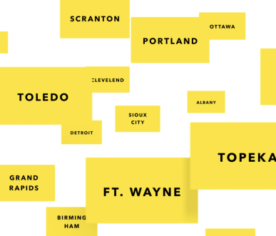 Various yellow boxes are scattered with black text stating a different city in each box.